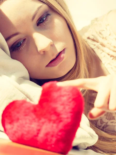 Sad Lonely Woman Being Alone Holding Red Heart Shape Female — Stock Photo, Image