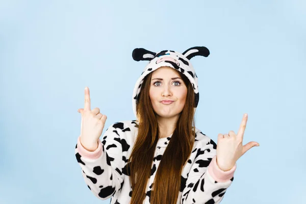 Happy Teenage Girl Funny Nightclothes Pajamas Cartoon Style Pointing Positive — Stock Photo, Image