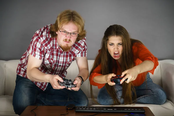 Addicted Couple Playing Video Games Together Being Very Emotional Studio — Stock Photo, Image