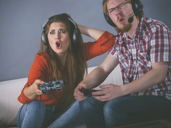 Couple Enjoying Leisure Time Playing Video Games Together Man Woman — Stock Photo, Image