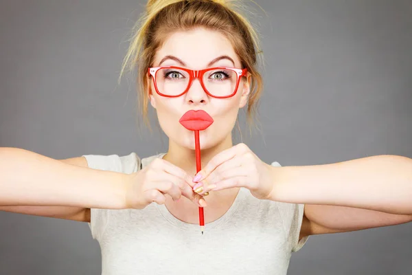 Happy Woman Holding Fake Lips Stick Having Fun Photo Carnival — Stock Photo, Image