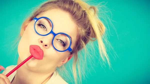 Lovely Sweet Woman Casual Style Nerdy Glasses Holding Red Fake — Stock Photo, Image