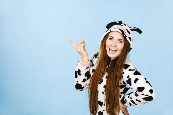 Happy Teenage Girl Funny Nightclothes Pajamas Cartoon Style Pointing Copy — Stock Photo, Image