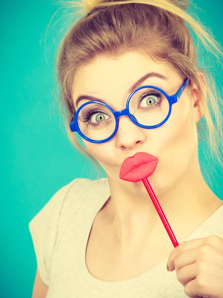 Lovely Sweet Woman Casual Style Nerdy Glasses Holding Red Fake — Stock Photo, Image