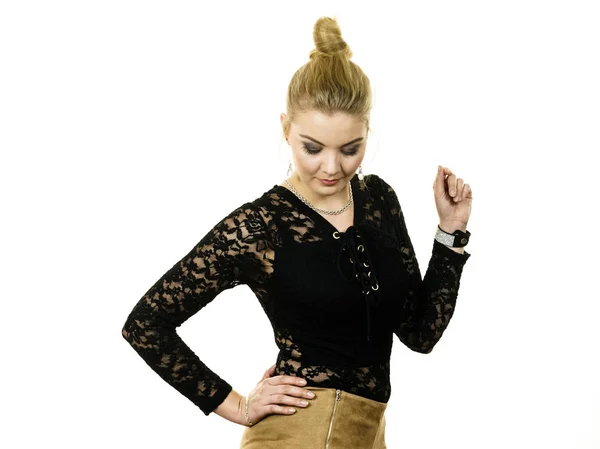 Pretty Blonde Woman Wearing Fashionable Black Lace Top Long Sleeve — Stock Photo, Image