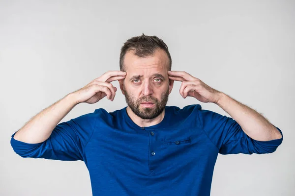 Confused Adult Man Seeking Solution Thinking Something Pointing His Head — Stock Photo, Image