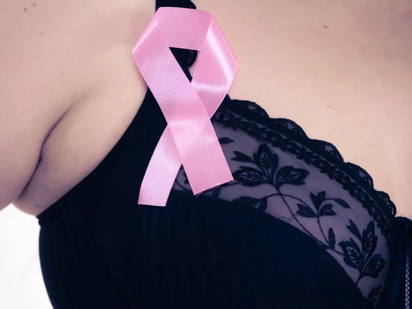 Woman Wih Pink Ribbon Chest Size Mature Female Wearing Black — Stock Photo, Image