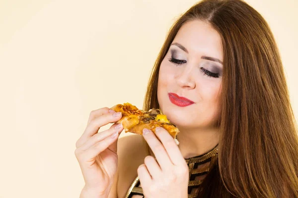 Young Woman Eating Hot Fresh Pizza Slice Delicious Fast Food — Stock Photo, Image