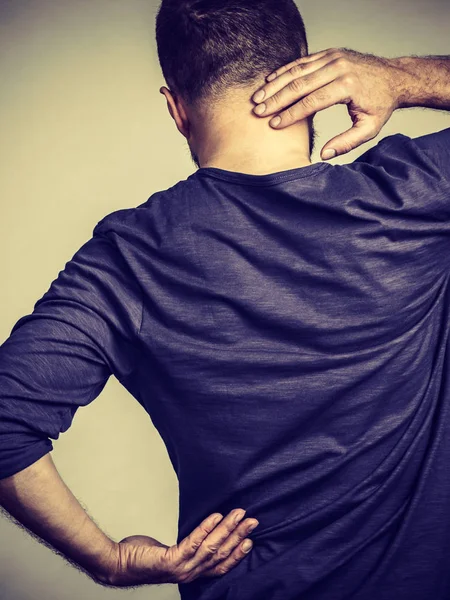 Vista Volta Homem Vestindo Camisola Azul Com Dor Pescoço Articulações — Fotografia de Stock