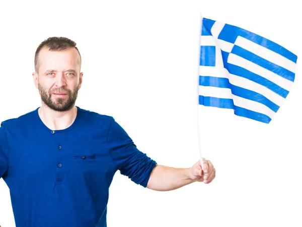 Homem Com Bandeira Acenando Grego Símbolo Nacional Grécia Isolado Branco — Fotografia de Stock