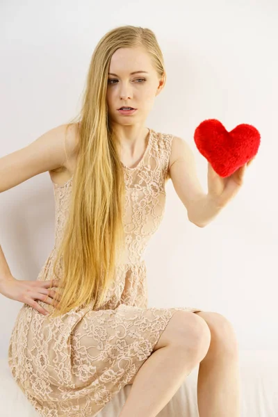 Sad Lonely Woman Being Alone Holding Red Heart Shape Female — Stock Photo, Image