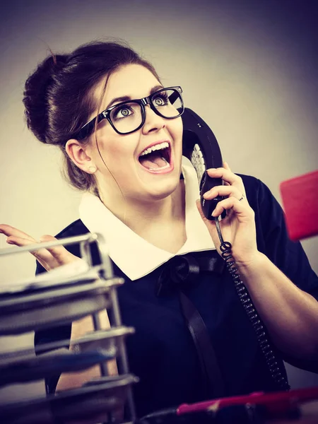 Happy Positive Shocked Business Woman Smiling Sitting Working Desk Full — Stock Photo, Image