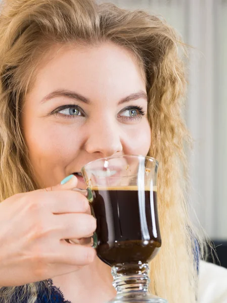 Positive Woman Holding Black Coffee Drink Getting Morning Energy Hurry Stock Image