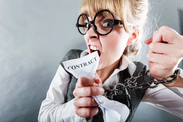 Business Stress Concept Furious Businesswoman Glasses Chained Hands Holding Contract — Stock Photo, Image