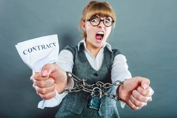 Business Stress Concept Furious Businesswoman Glasses Chained Hands Holding Contract — Stock Photo, Image