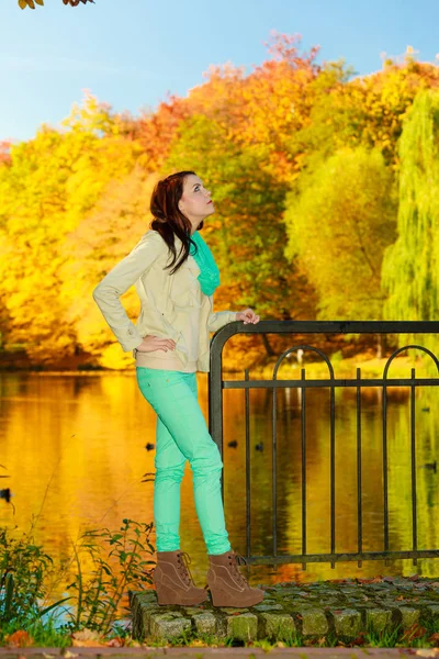 Concepto Moda Otoñal Mujer Caminando Parque Durante Clima Dorado Otoño —  Fotos de Stock