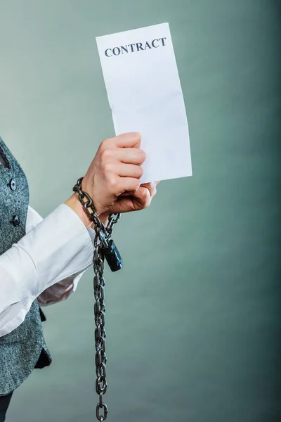 Business Concept Serious Woman Businesswoman Chained Hands Holding Contract Side — Stock Photo, Image