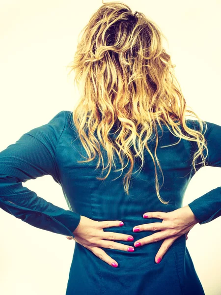 Rear View Verworked Business Woman Having Strong Back Pain Blonde — Stock Photo, Image