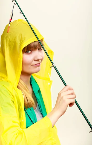 Fishery Spinning Equipment Angling Sport Activity Concept Woman Wearing Raincoat — Stock Photo, Image