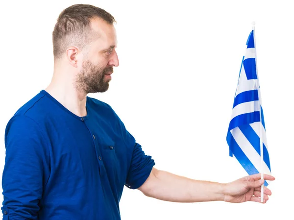 Man Met Griekse Vlag Nationaal Symbool Van Griekenland Geïsoleerd Wit — Stockfoto