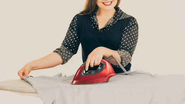 Household Duties Taking Care Clothes Concept Happy Woman Standing Board — Stock Photo, Image