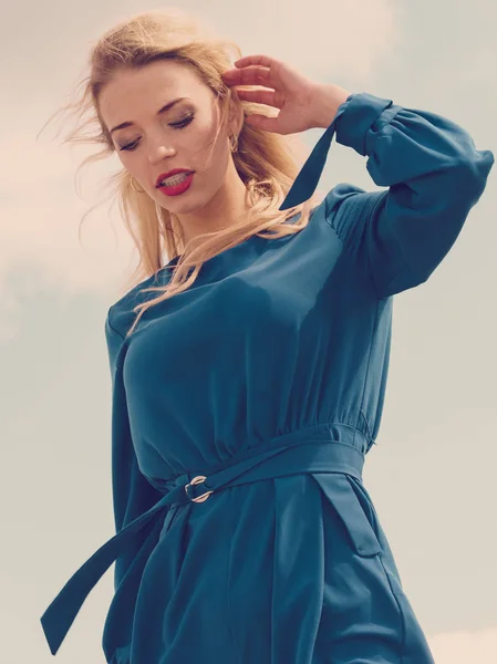 Fashionable Woman Wearing Blue Navy Shirt Perfect Summer Fashion Model — Stock Photo, Image