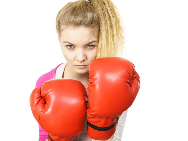 Sporty Confident Woman Wearing Red Boxing Gloves Fighting Studio Shot — Stock Photo, Image