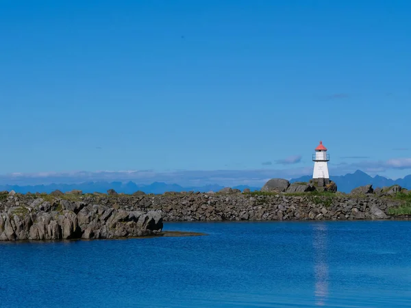 Scenic Seascape Lighthouse Hovsund Fishing Port Gimsoya Lofoten Islands Norway — Stock Photo, Image