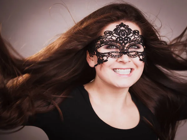 Happy Pretty Mysterious Woman Wearing Black Eye Lace Mask Having — Stock Photo, Image