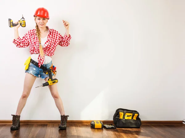 Woman Wearing Helmet Using Drill Girl Working Flat Remodeling Building — Stock Photo, Image