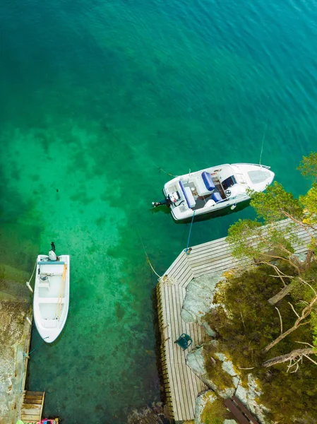 Aerial Top View Norwegian Country House Hytte Motorboats Water Fjord — Stock Photo, Image