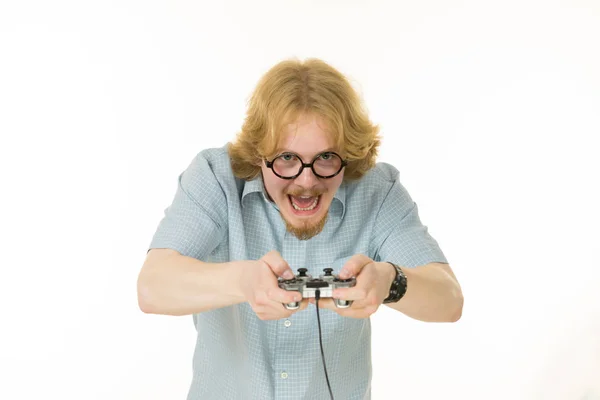 Nerd Friki Joven Adulto Hombre Jugando Videoconsola Celebración Juego Almohadilla — Foto de Stock