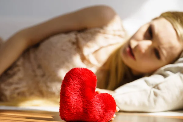 Sad Lonely Woman Being Alone Holding Red Heart Shape Female — Stock Photo, Image