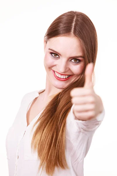 Happy positive brunette woman showing thumb up — Stock Photo, Image