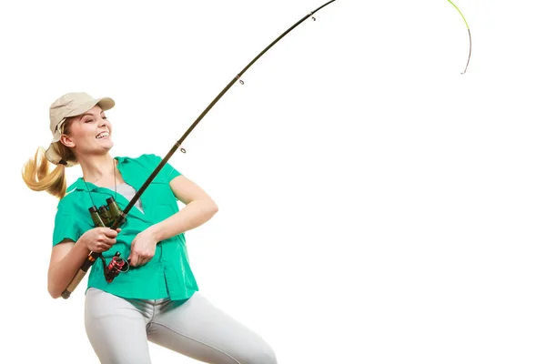 女性釣りロッド、紡績設備 — ストック写真