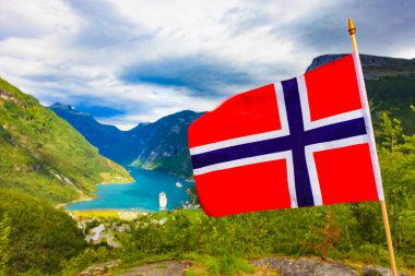 Norwegian flag and Geiranger fjord landscape clipart