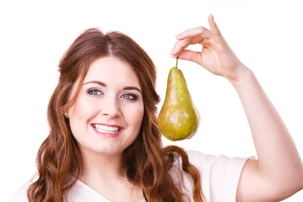 Woman holding pear fruit, isolated. Healthy diet. — Stock Photo, Image