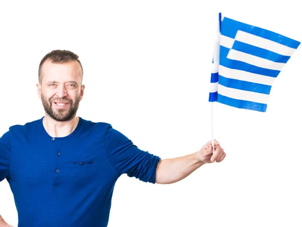 Hombre con bandera griega ondeando, sobre blanco —  Fotos de Stock