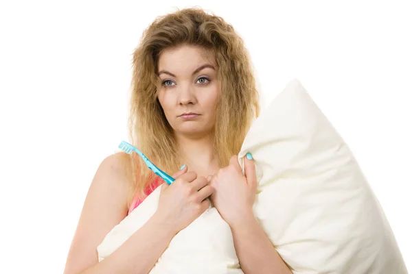 Sleepy woman hugging white pillow — Stock Photo, Image