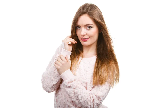 Portrait of happy attractive woman wearing light jumper — Stock Photo, Image