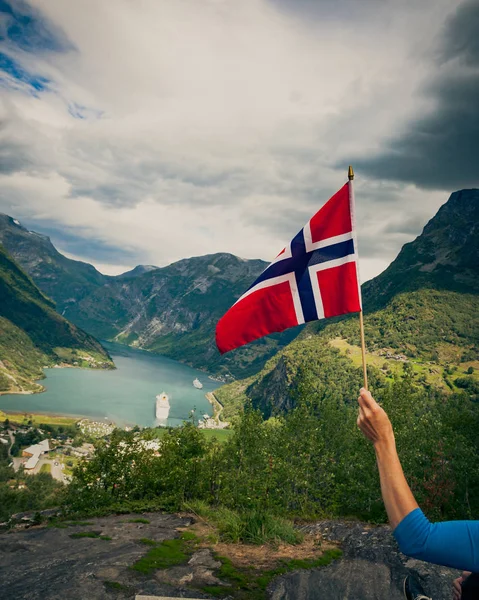 Norwegian flag and Geiranger fjord landscape — Stock Photo, Image