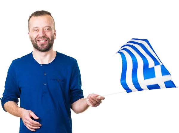 Mannen med grekiska viftar flagga, på vitt — Stockfoto