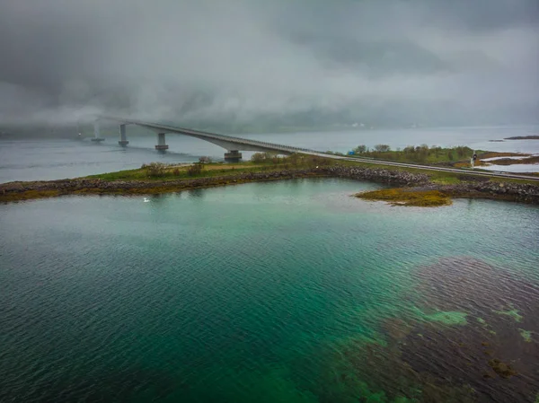 Utsikt Från Luften Bron Över Fjorden Lofoten Öar Sommar Tid — Stockfoto