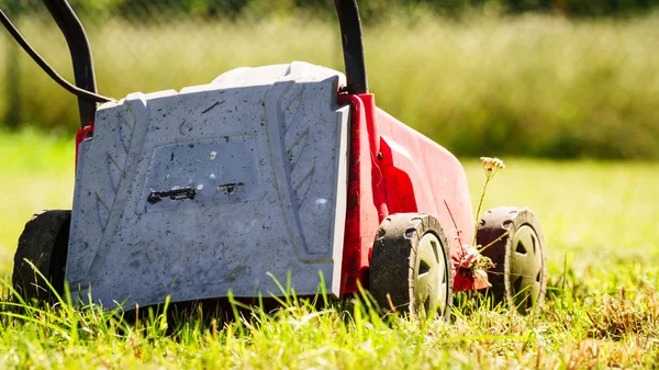 Gartenarbeit. Rasenmähen mit Rasenmäher — Stockfoto