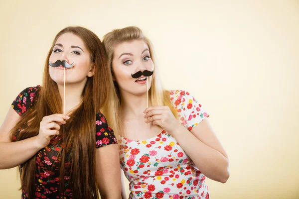 Twee gelukkige vrouwen houden van valse snor op stick — Stockfoto