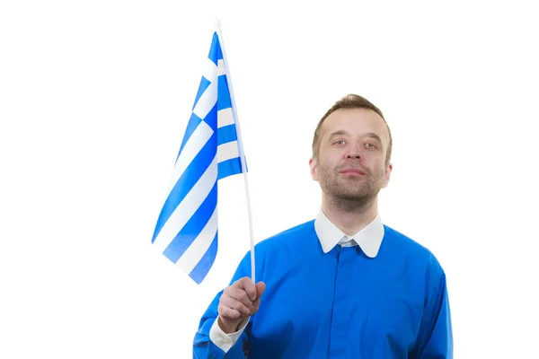 Homem feliz segurando bandeira grega — Fotografia de Stock