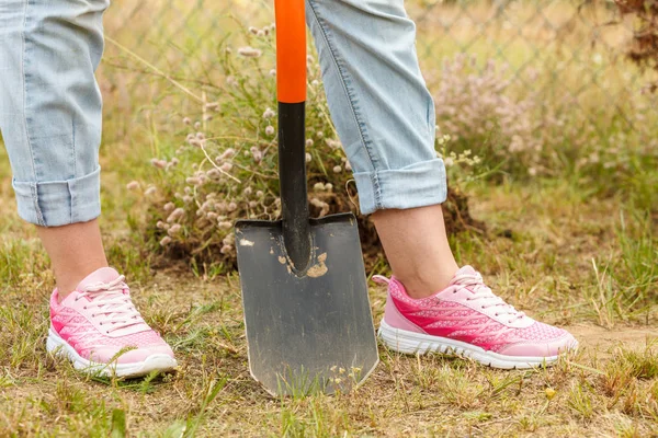 Woman digging hole in garden — Stock Photo, Image