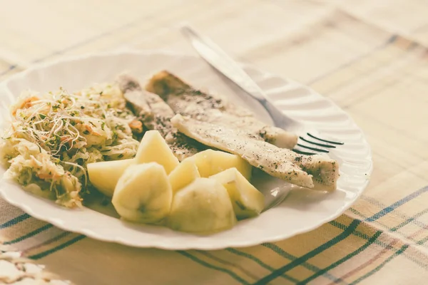 Middag fisk med sallad och potatis — Stockfoto