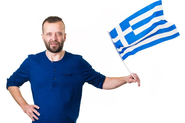 화이트에 깃발을 흔들며 그리스 사람 — 스톡 사진