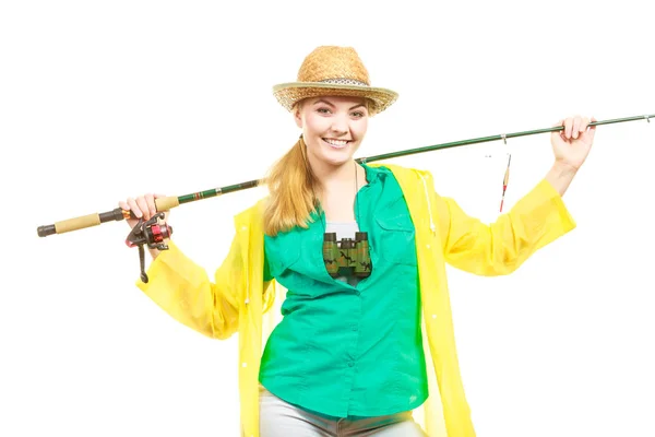 Mulher com haste de pesca, equipamento de fiação — Fotografia de Stock